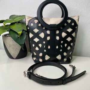 Chico's Black Cutout Leather Bucket‎ Bag Round Wooden Handle Removable Strap
